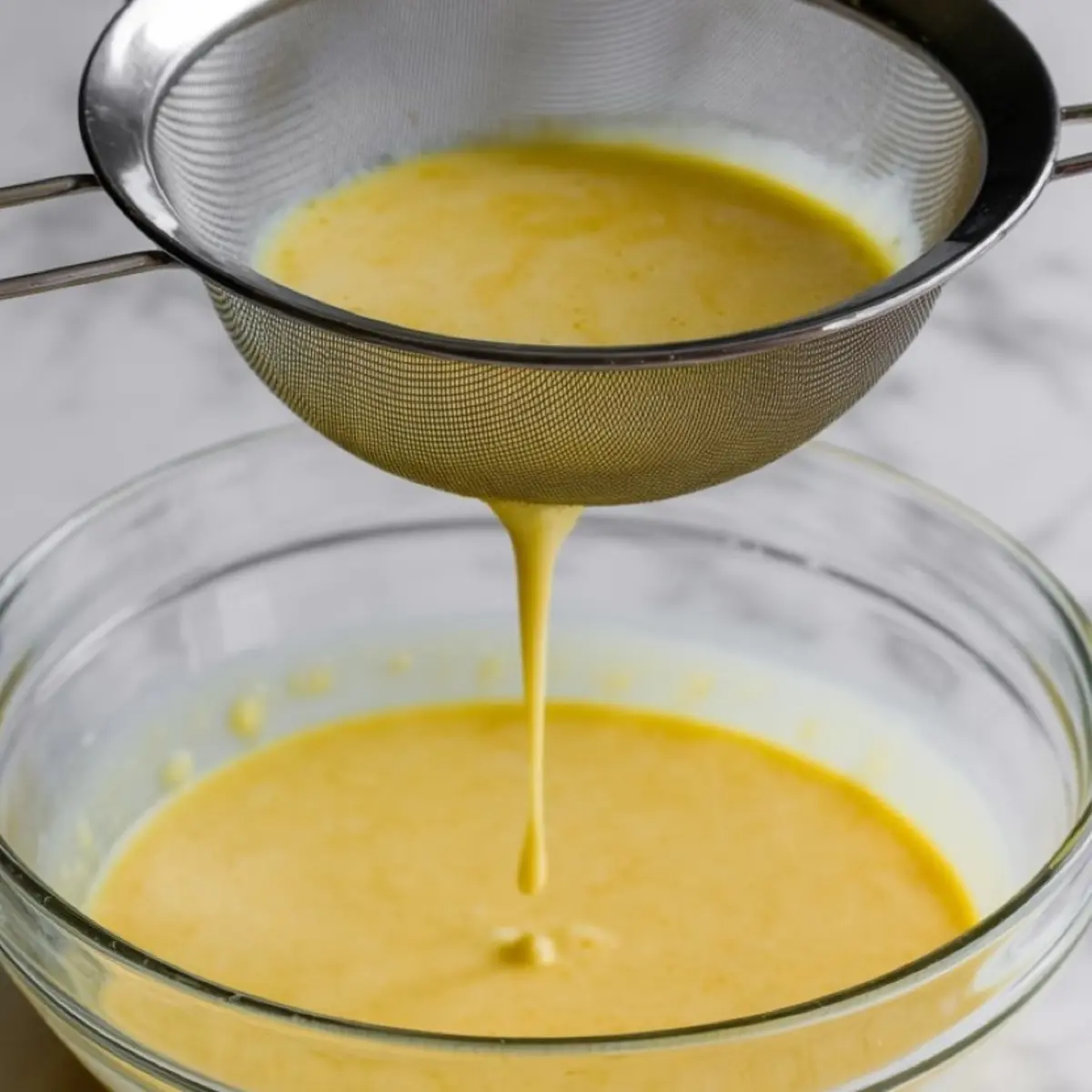 Smooth yellow custard mixture being strained through a fine mesh sieve into a glass bowl, removing lumps for a creamy pie filling.
