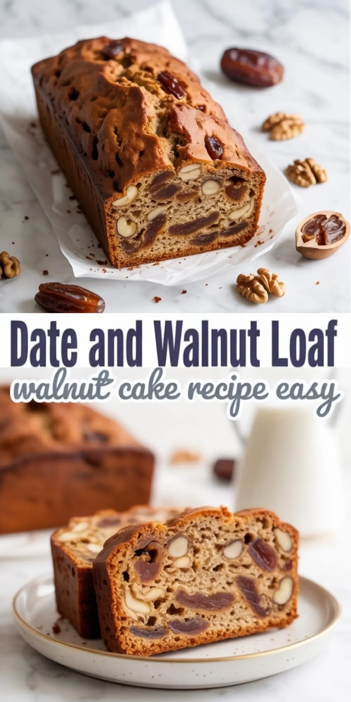 Golden-baked date and walnut loaf cake shown whole and sliced, packed with chopped dates and crunchy walnut pieces, styled on a marble surface with whole dates and walnuts scattered for decoration.