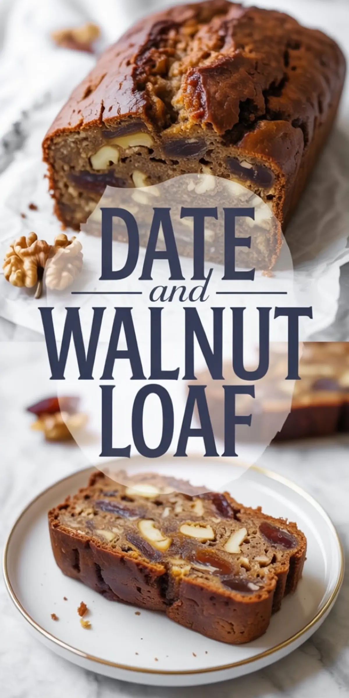 Moist date and walnut bread loaf with cracked crust and dense interior, filled with visible date chunks and walnut halves, presented with a single slice on a ceramic plate for a rustic dessert look.