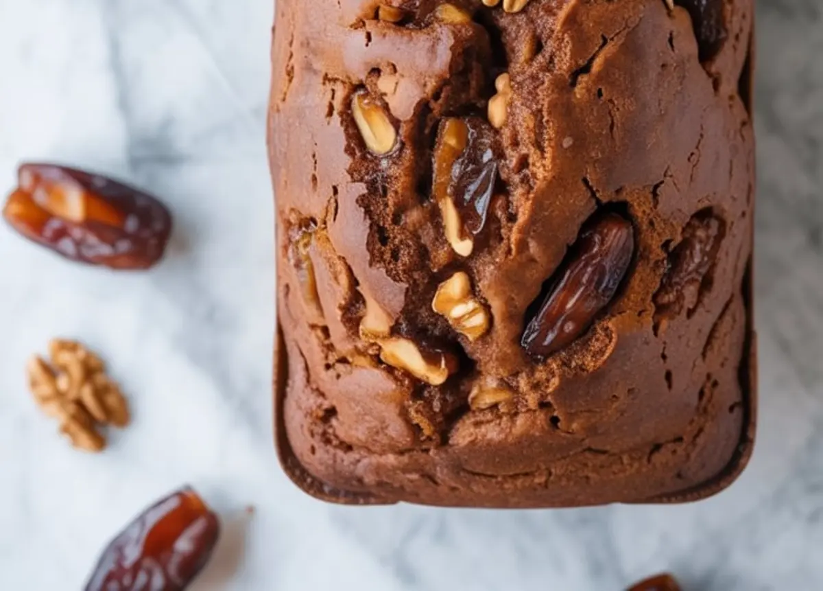 Freshly baked date and walnut loaf cake viewed from above, showing golden-brown crust studded with whole dates and walnut pieces, placed on marble with scattered ingredients.