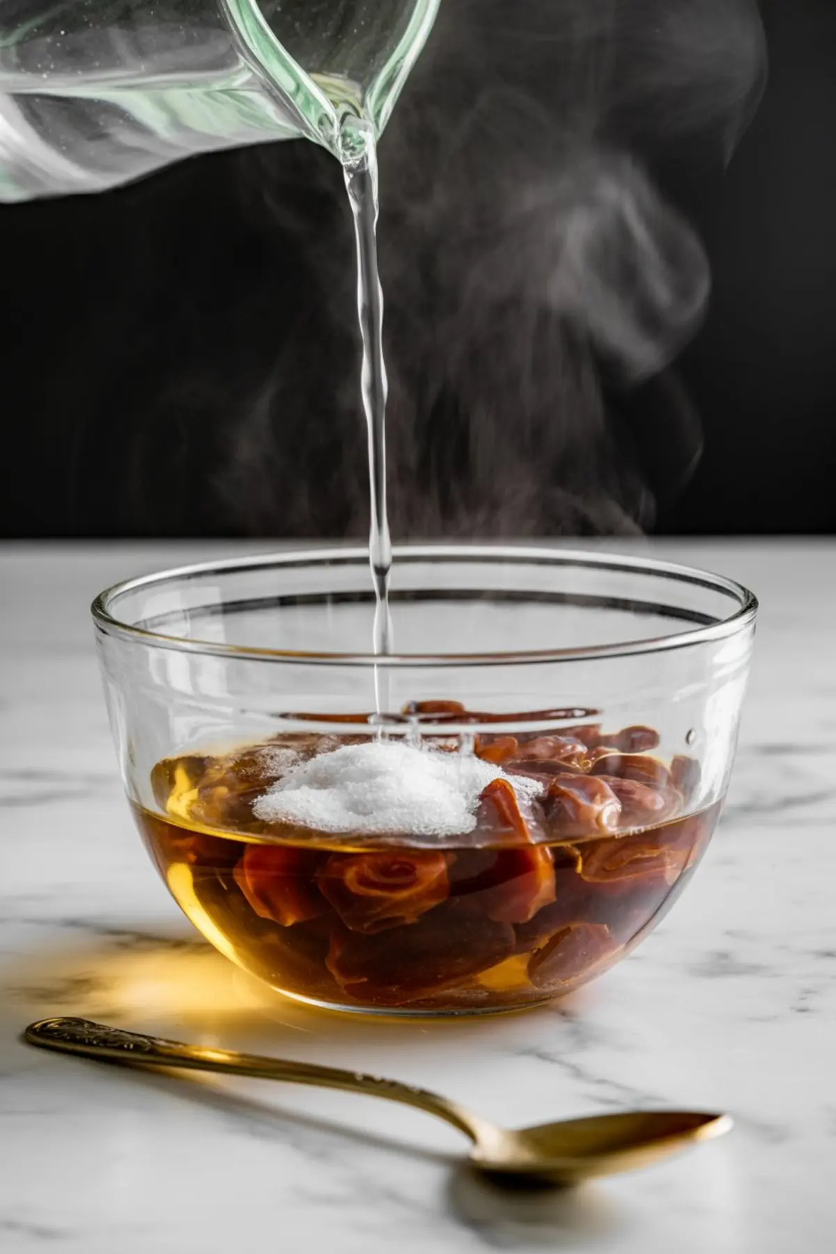 Steam rises as boiling water is poured into a glass bowl filled with chopped dates and white sugar, capturing the softening process for baking date loaf.