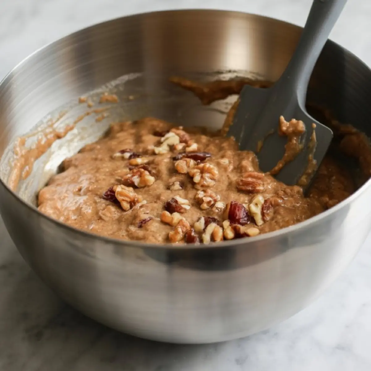Date and walnut loaf cake batter in a mixing bowl, thick with chopped walnuts and dates stirred in, captured mid-preparation with a spatula resting in the bowl.