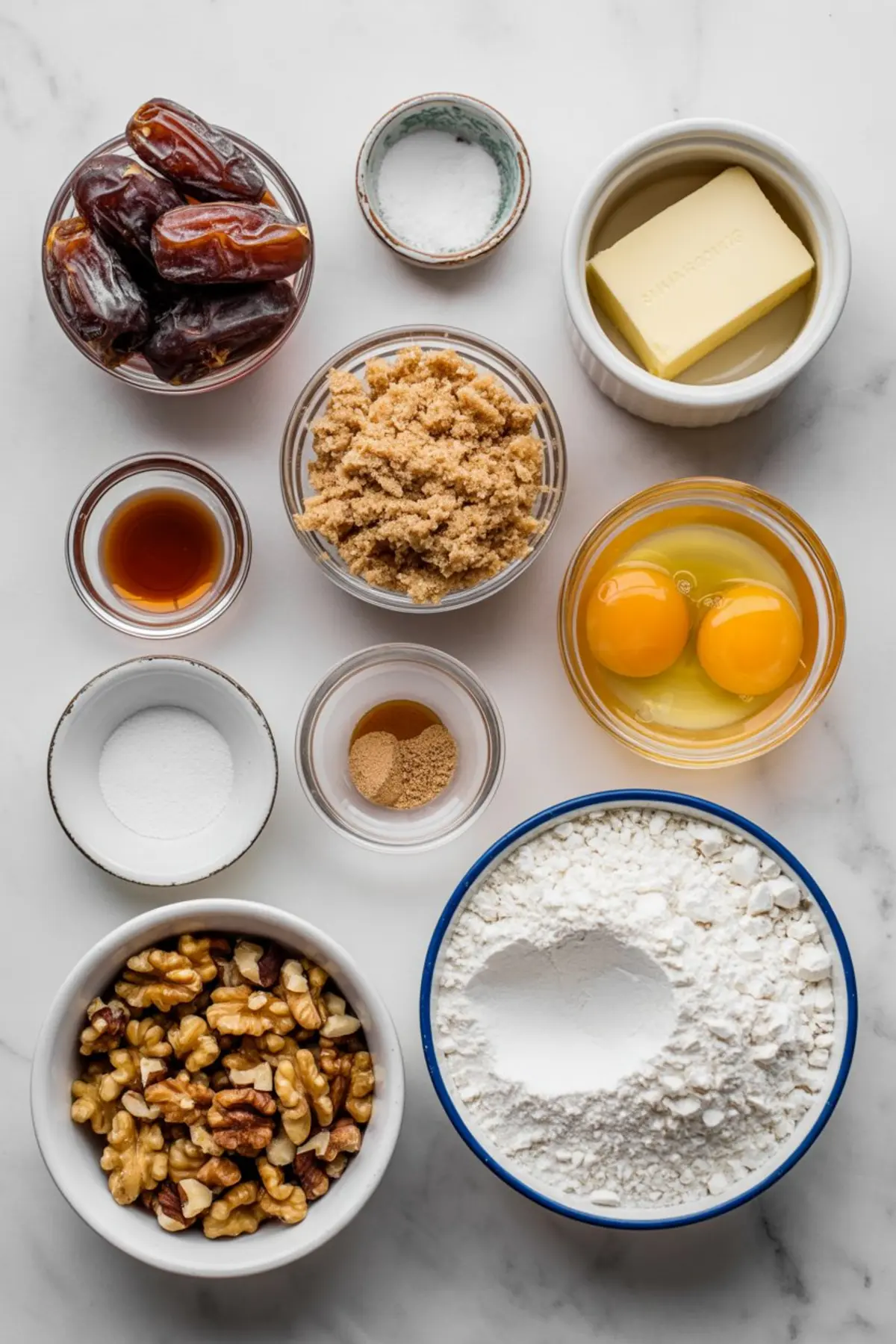 Flat lay of ingredients for date and walnut loaf cake including flour, brown sugar, butter, eggs, chopped dates, walnuts, vanilla, baking powder, and spices on a white marble countertop.