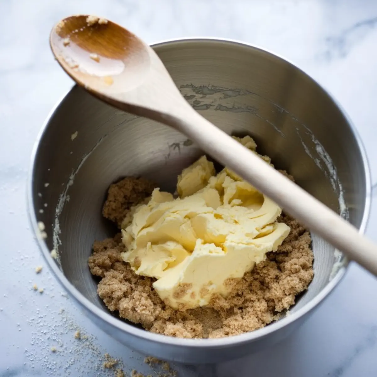 Softened butter and light brown sugar combined in a metal mixing bowl with a wooden spoon resting on the edge, ready for creaming in the cake preparation.