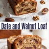 Date and walnut loaf cake collage showing a whole loaf and close-up of a thick slice on a plate, highlighting moist texture and generous filling of dates and walnuts.
