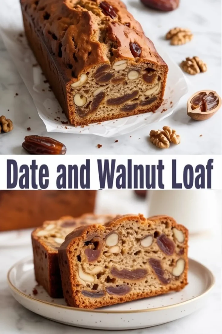 Date and walnut loaf cake collage showing a whole loaf and close-up of a thick slice on a plate, highlighting moist texture and generous filling of dates and walnuts.