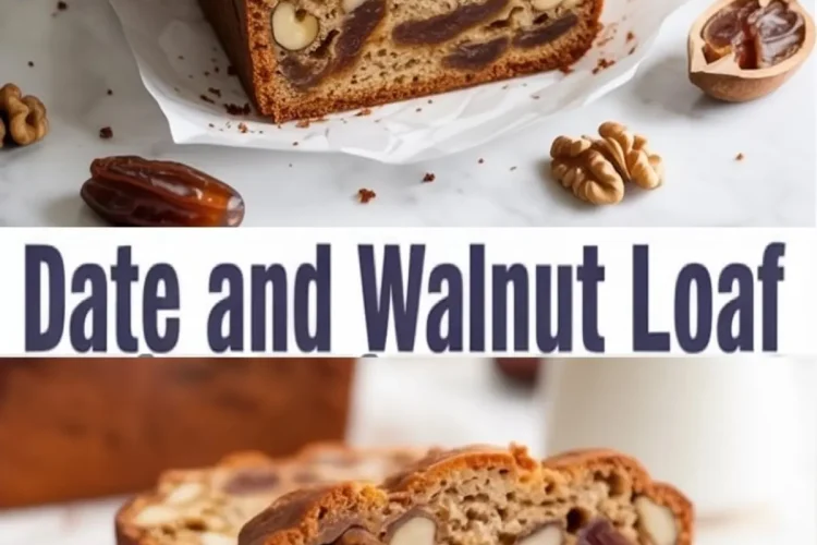 Date and walnut loaf cake collage showing a whole loaf and close-up of a thick slice on a plate, highlighting moist texture and generous filling of dates and walnuts.