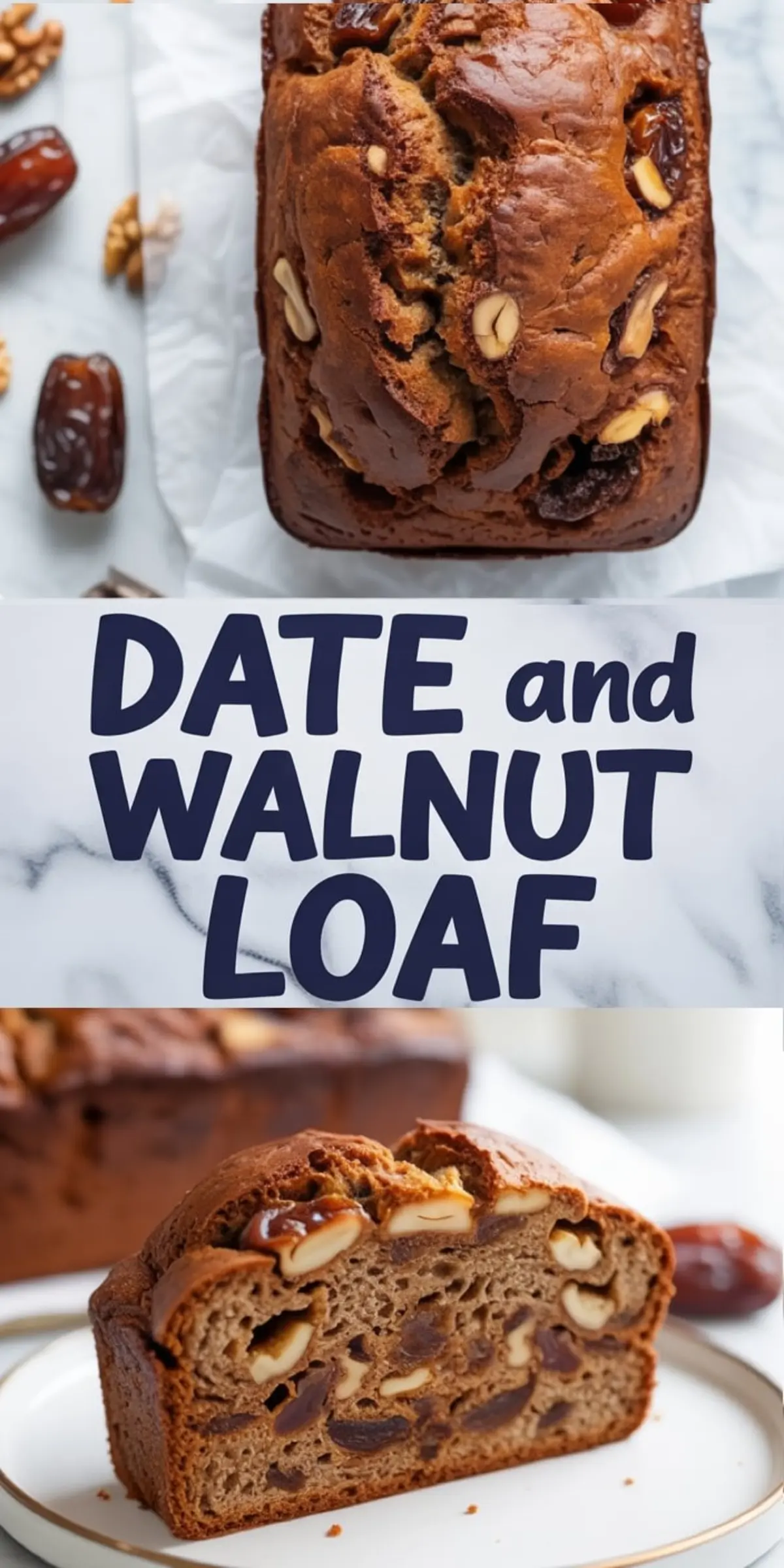 Baked date and walnut bread loaf paired with a plated slice, featuring a deep golden crust and dense crumb filled with visible walnut chunks and sweet date pieces.