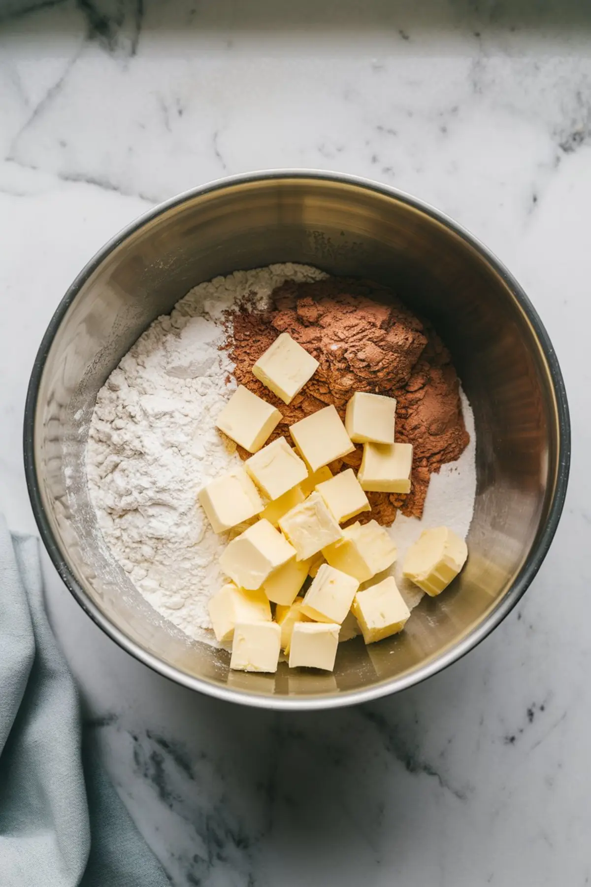 Large mixing bowl filled with flour, cocoa powder, and cubes of cold butter on a marble counter, showing initial stage of tart dough preparation.

