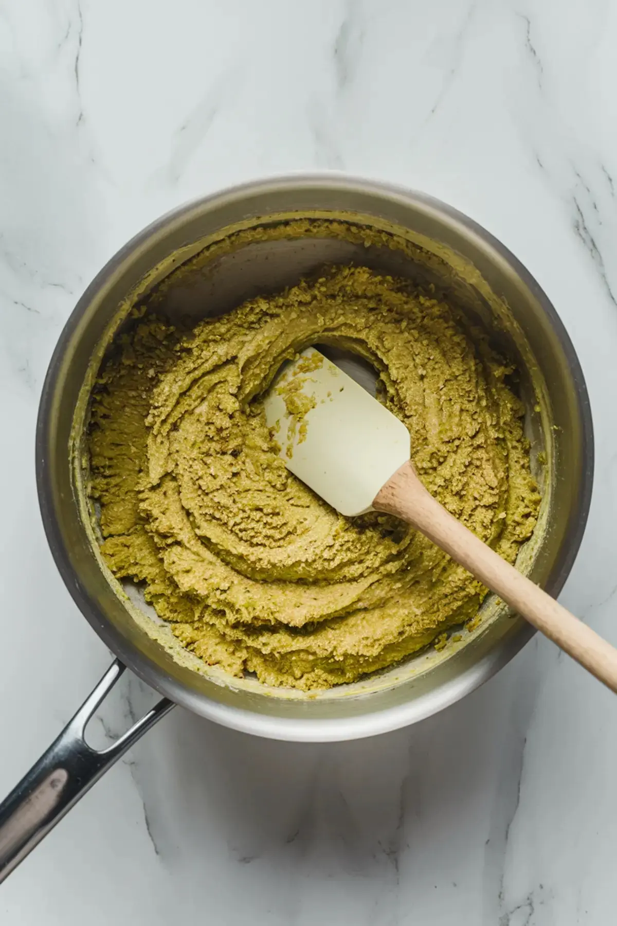 Thick pistachio paste being stirred in a saucepan with a spatula, featuring a vibrant green texture on a marble countertop.
