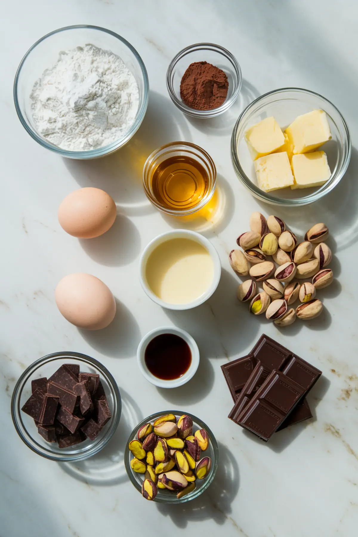 Flat lay of ingredients for chocolate pistachio tart, including flour, cocoa, eggs, butter, vanilla, dark chocolate, pistachios, condensed milk, and syrup.
