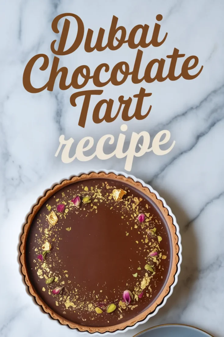 Baked chocolate tart with glossy ganache, garnished with gold flakes, crushed pistachios, and rose petals, labeled “Dubai Chocolate Tart recipe.”