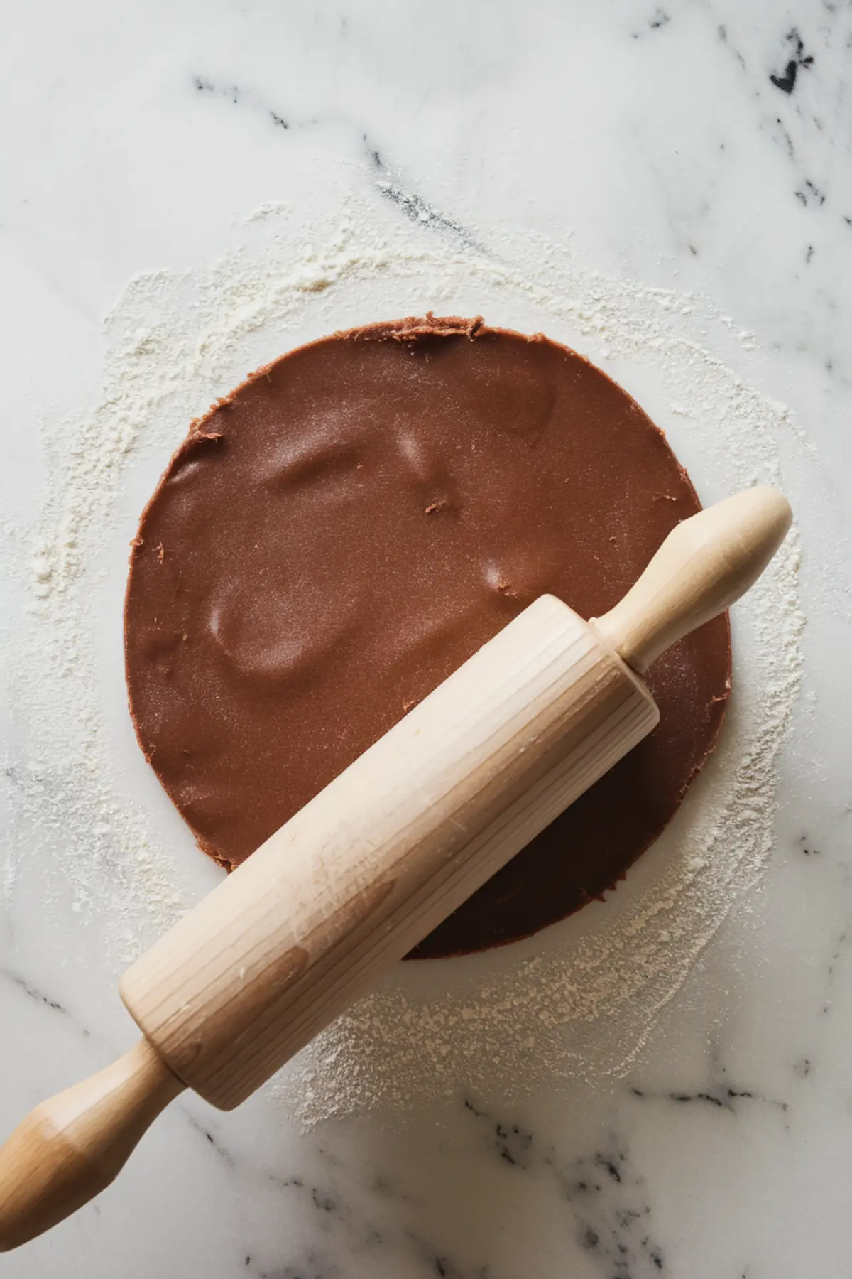 Rolled-out chocolate pastry dough with a wooden rolling pin on a floured marble surface, ready for shaping into a tart shell.

