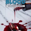 Dark red edible fake blood dripping from a bottle onto a marble surface with a silver spoon, styled for spooky Halloween dessert themes.
