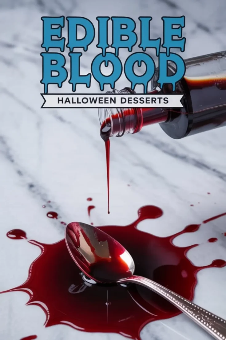 Dark red edible fake blood dripping from a bottle onto a marble surface with a silver spoon, styled for spooky Halloween dessert themes.