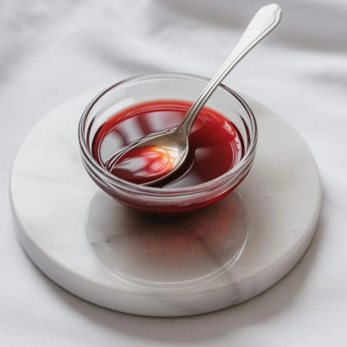 Glass bowl of homemade edible fake blood with a silver spoon resting inside, placed on a white marble board, styled for Halloween dessert recipes.