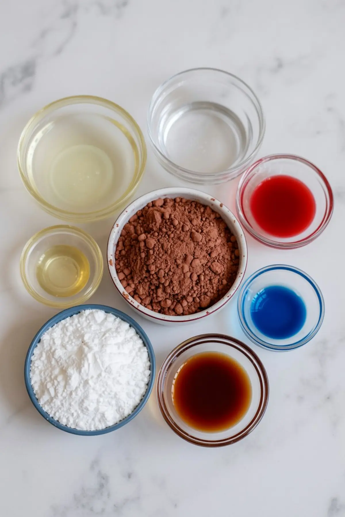 Flat lay of edible blood ingredients in small bowls on white marble, including cocoa powder, powdered sugar, food coloring, vanilla extract, and light corn syrup for Halloween recipes.