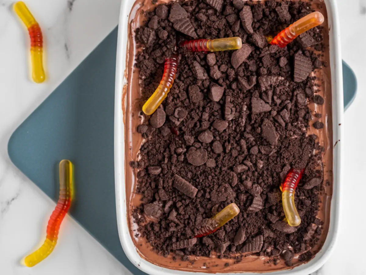 An overhead shot shows a rectangular dish packed with chocolate pudding dirt cake, dark Oreo crumb topping scattered with gummy worms for a spooky dessert centerpiece.