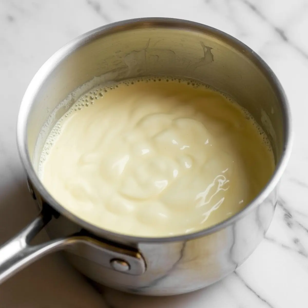 Melted creamy white chocolate mixture simmering in a stainless steel saucepan, photographed from above on a marble countertop.
