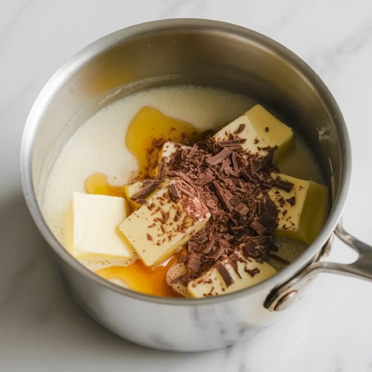 Close-up of a saucepan filled with chunks of butter, chopped chocolate, cream, and honey before melting, set on a white marble background.
