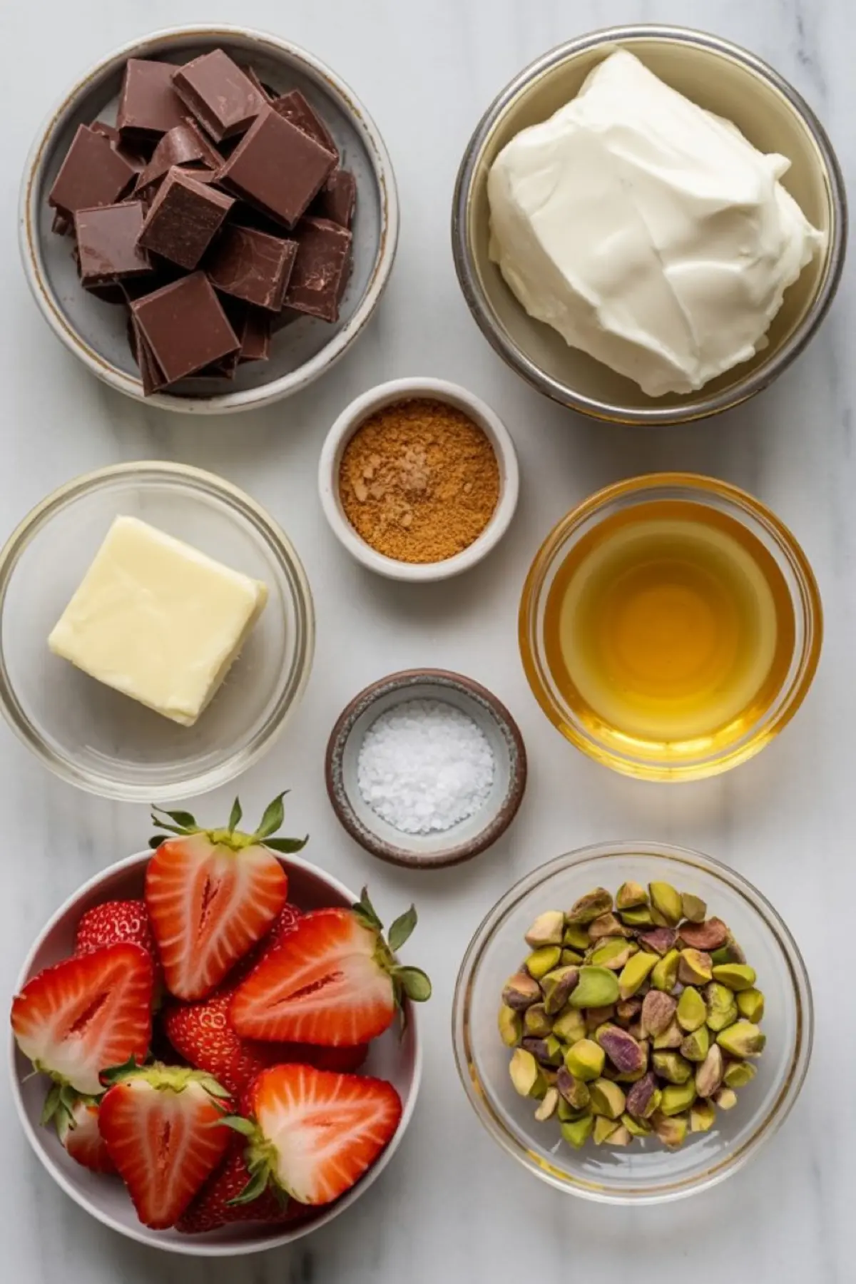 Flat lay of dessert ingredients including chopped milk chocolate, whipped cream, butter, honey, ground spices, sea salt, halved strawberries, and pistachios arranged in small bowls on a marble surface.

