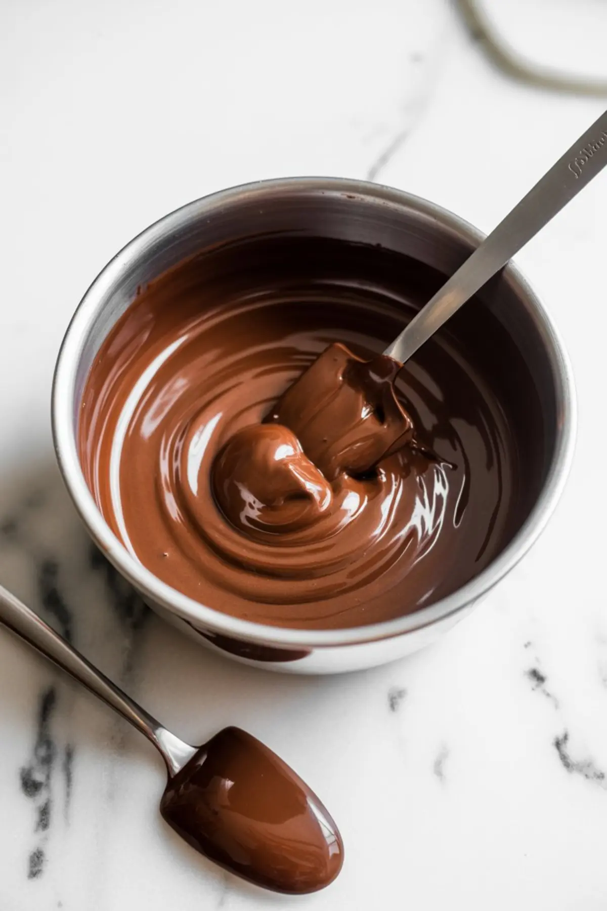 Glossy melted chocolate swirled smoothly in a mixing bowl with a spatula, accompanied by a spoon coated in chocolate, set on a white marble background.
