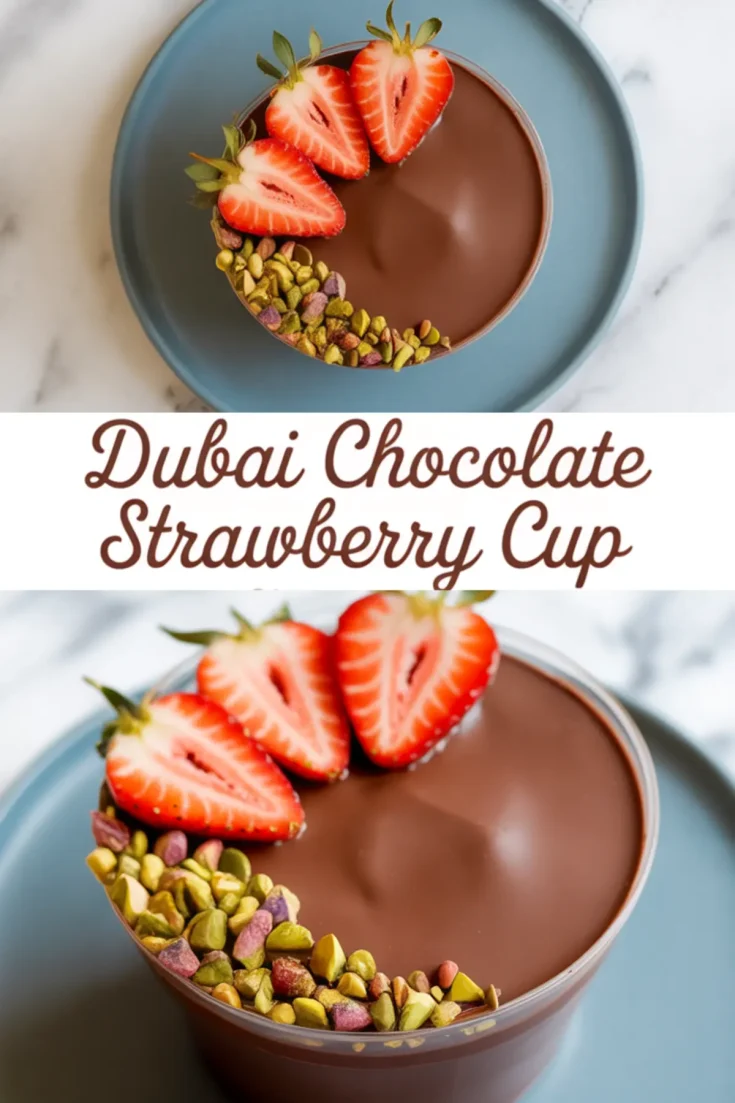 Top and angled view collage of a Dubai chocolate strawberry cup featuring a glossy chocolate surface topped with halved fresh strawberries and crushed pistachios, styled on a blue plate with elegant typography.