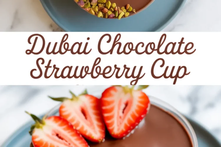 Top and angled view collage of a Dubai chocolate strawberry cup featuring a glossy chocolate surface topped with halved fresh strawberries and crushed pistachios, styled on a blue plate with elegant typography.