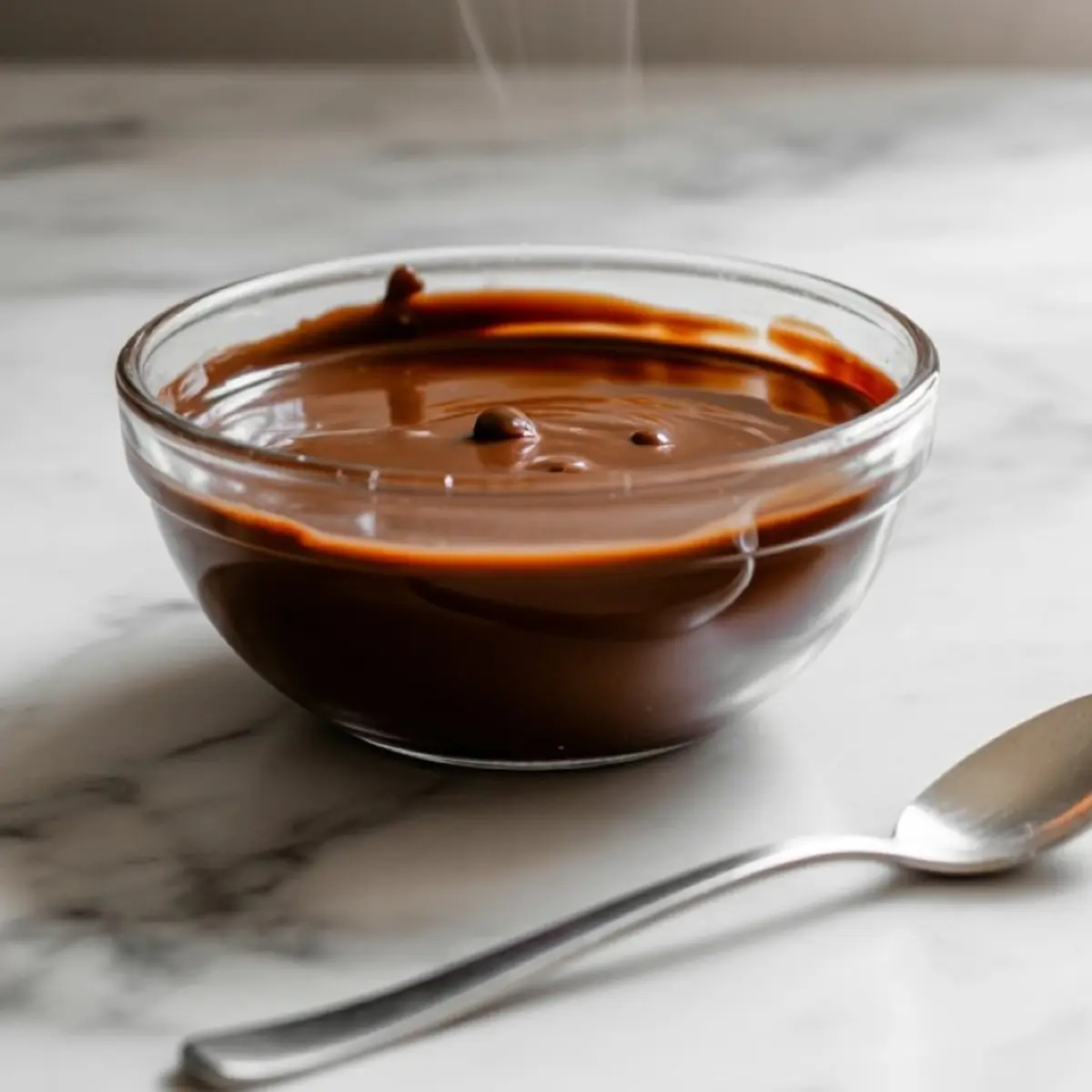 Glass bowl filled with melted chocolate ganache, resting on a marble countertop with a silver spoon beside it.