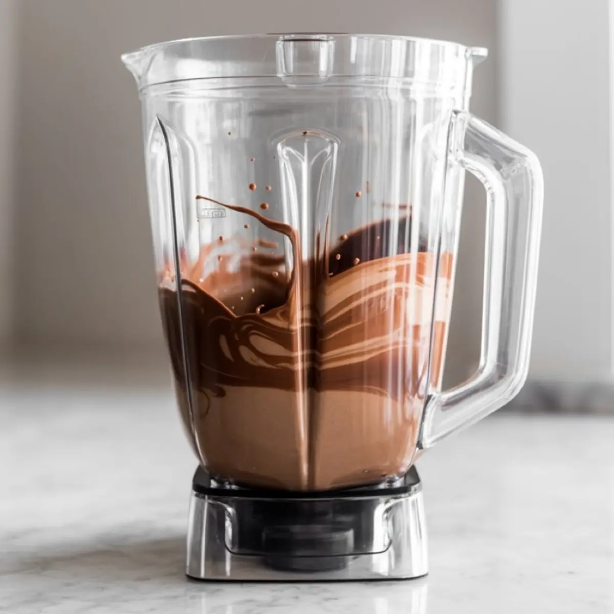 Clear blender container with chocolate mixture mid-blend, showcasing rich texture and swirling motion for a frozen hot chocolate recipe.