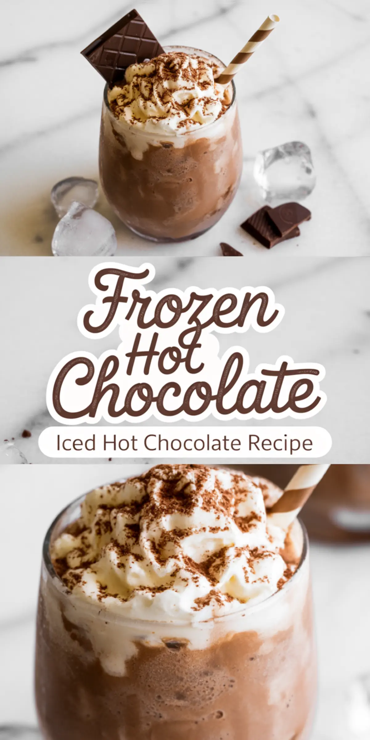 Collage of iced hot chocolate drink in a clear glass topped with whipped cream and dusted cocoa powder, featuring the text “Frozen Hot Chocolate - Iced Hot Chocolate Recipe” in the middle.