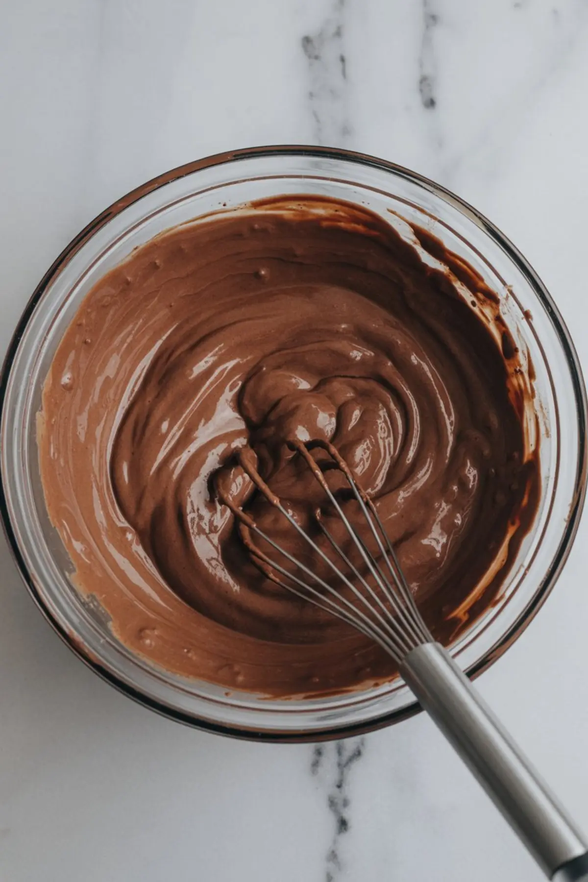 A glass bowl presents smooth chocolate pudding, the whisk resting inside and glossy cocoa swirls highlighting a mixing step for Oreo dirt cake dessert.
