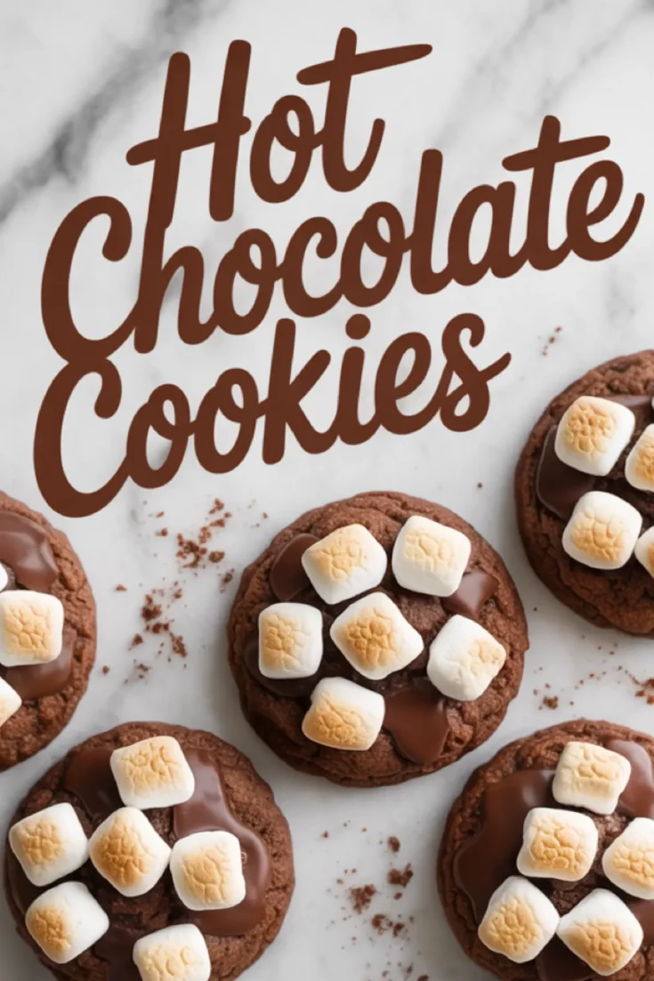 Hot chocolate cookies with toasted marshmallows and glossy melted chocolate placed on a white marble background, surrounded by cocoa powder crumbs and mini marshmallows, with “Hot Chocolate Cookies” text overlay.