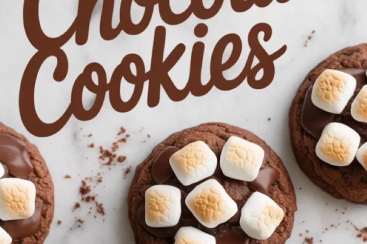 Hot chocolate cookies with toasted marshmallows and glossy melted chocolate placed on a white marble background, surrounded by cocoa powder crumbs and mini marshmallows, with “Hot Chocolate Cookies” text overlay.