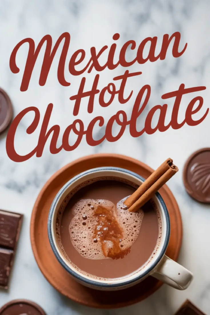 Overhead view of a warm mug of Mexican hot chocolate garnished with cinnamon sticks, styled with chocolate squares and circular chocolate pieces, with bold red text reading “Mexican Hot Chocolate”.