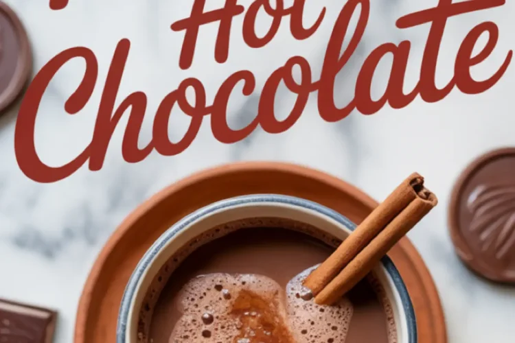 Overhead view of a warm mug of Mexican hot chocolate garnished with cinnamon sticks, styled with chocolate squares and circular chocolate pieces, with bold red text reading “Mexican Hot Chocolate”.