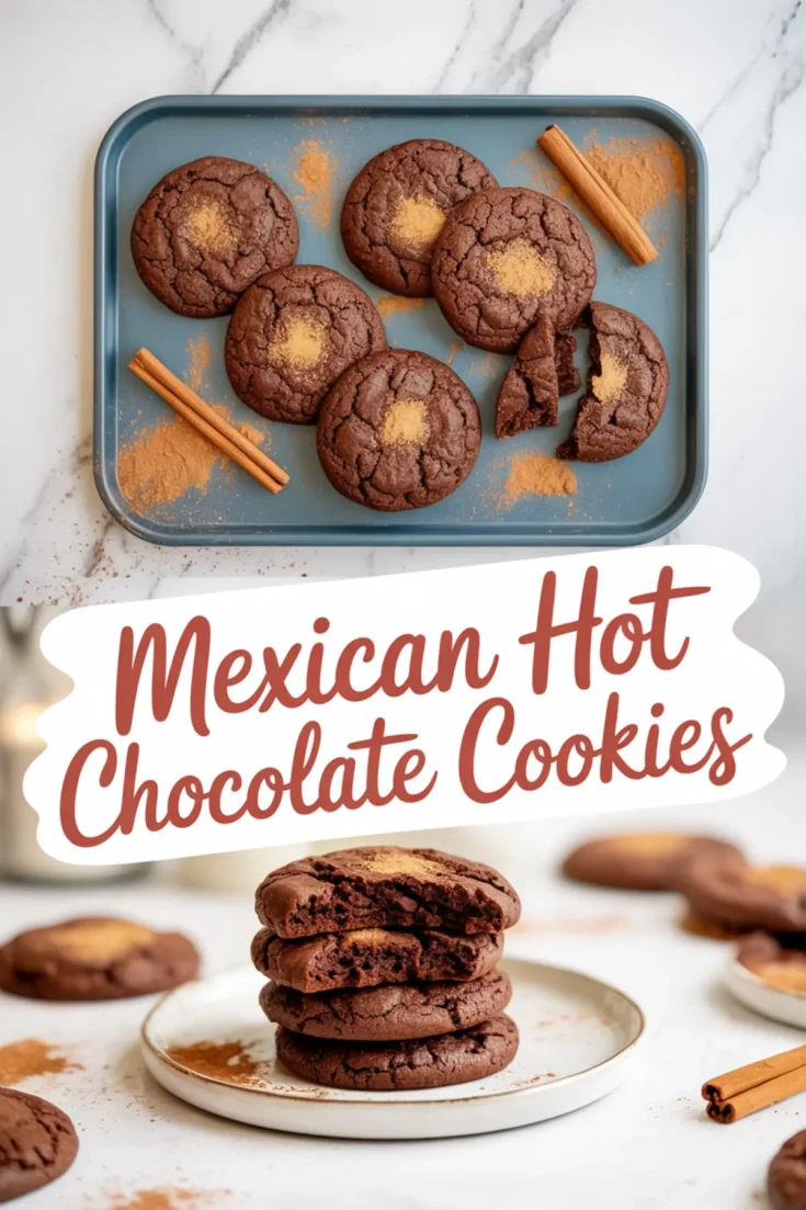 Collage of Mexican hot chocolate cookies on a blue tray and a plate, topped with cinnamon sugar and styled with cinnamon sticks.