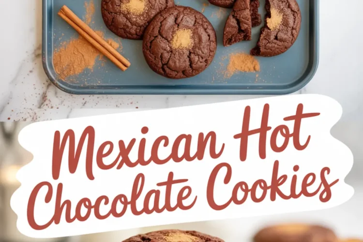Collage of Mexican hot chocolate cookies on a blue tray and a plate, topped with cinnamon sugar and styled with cinnamon sticks.