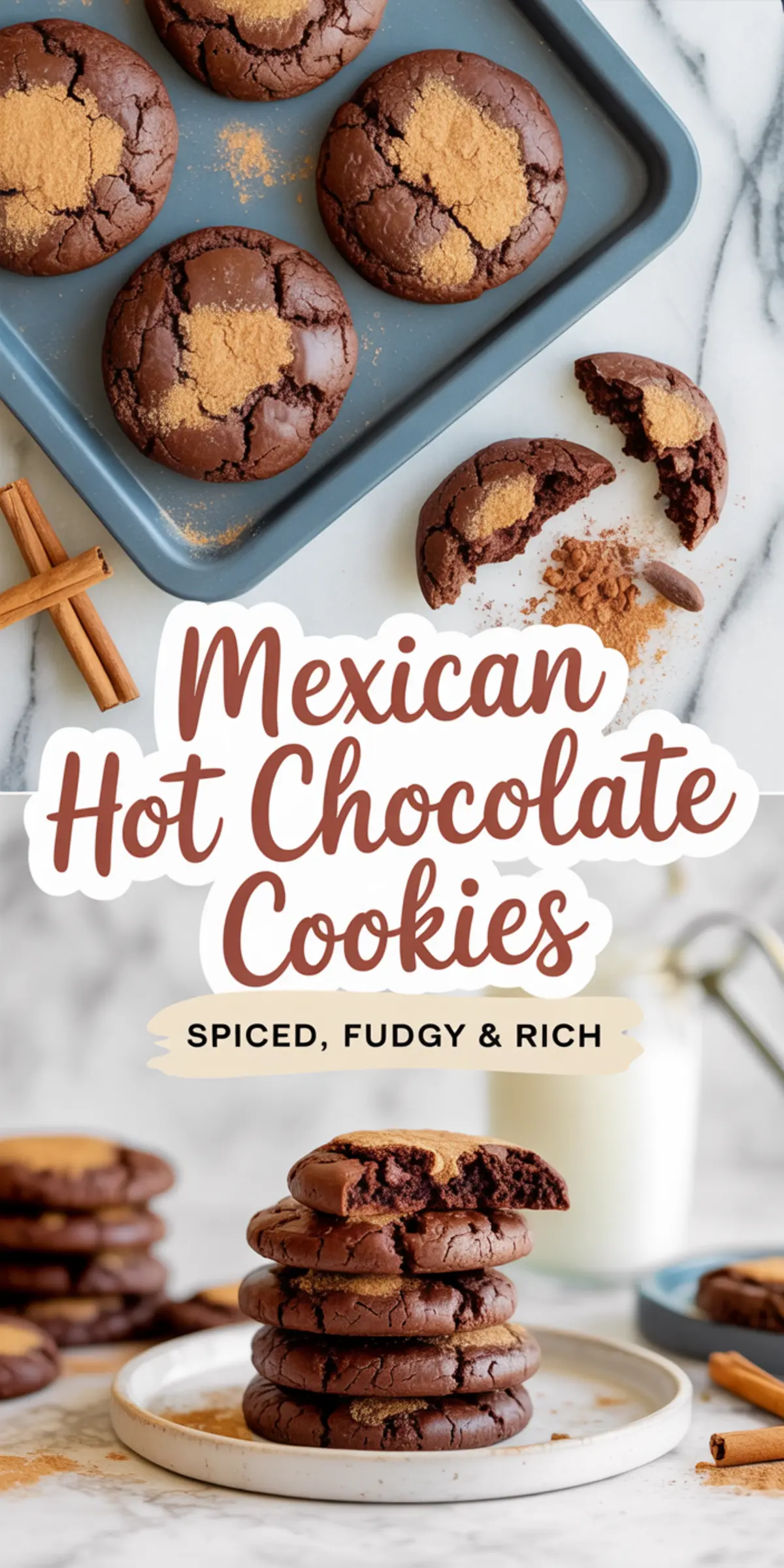 Collage showing Mexican hot chocolate cookies stacked on a plate and arranged on a tray, with text overlay reading “Mexican Hot Chocolate Cookies – Spiced, Fudgy & Rich.”