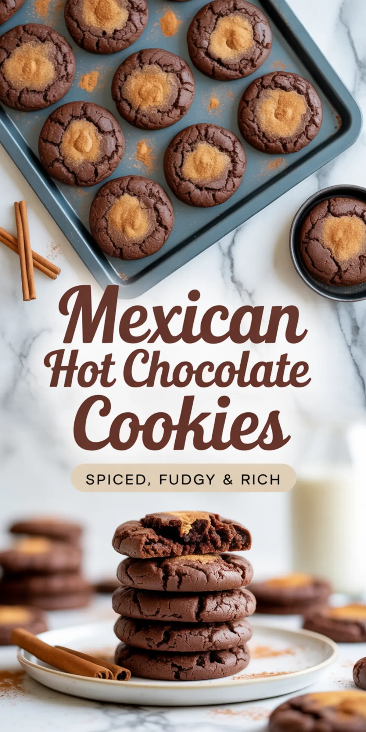Collage featuring a tray of cinnamon-dusted chocolate cookies and a cookie stack on a white plate, labeled “Mexican Hot Chocolate Cookies – Spiced, Fudgy & Rich.”
