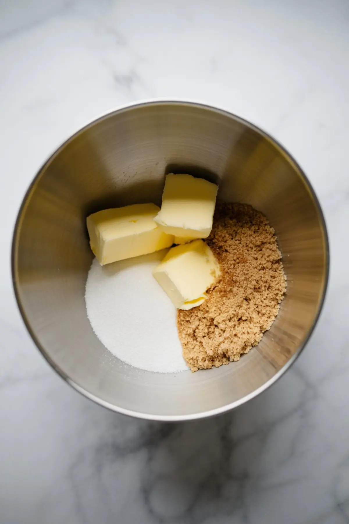 Butter, granulated sugar, and brown sugar placed in a mixing bowl, showing the creaming stage for cookie dough preparation.