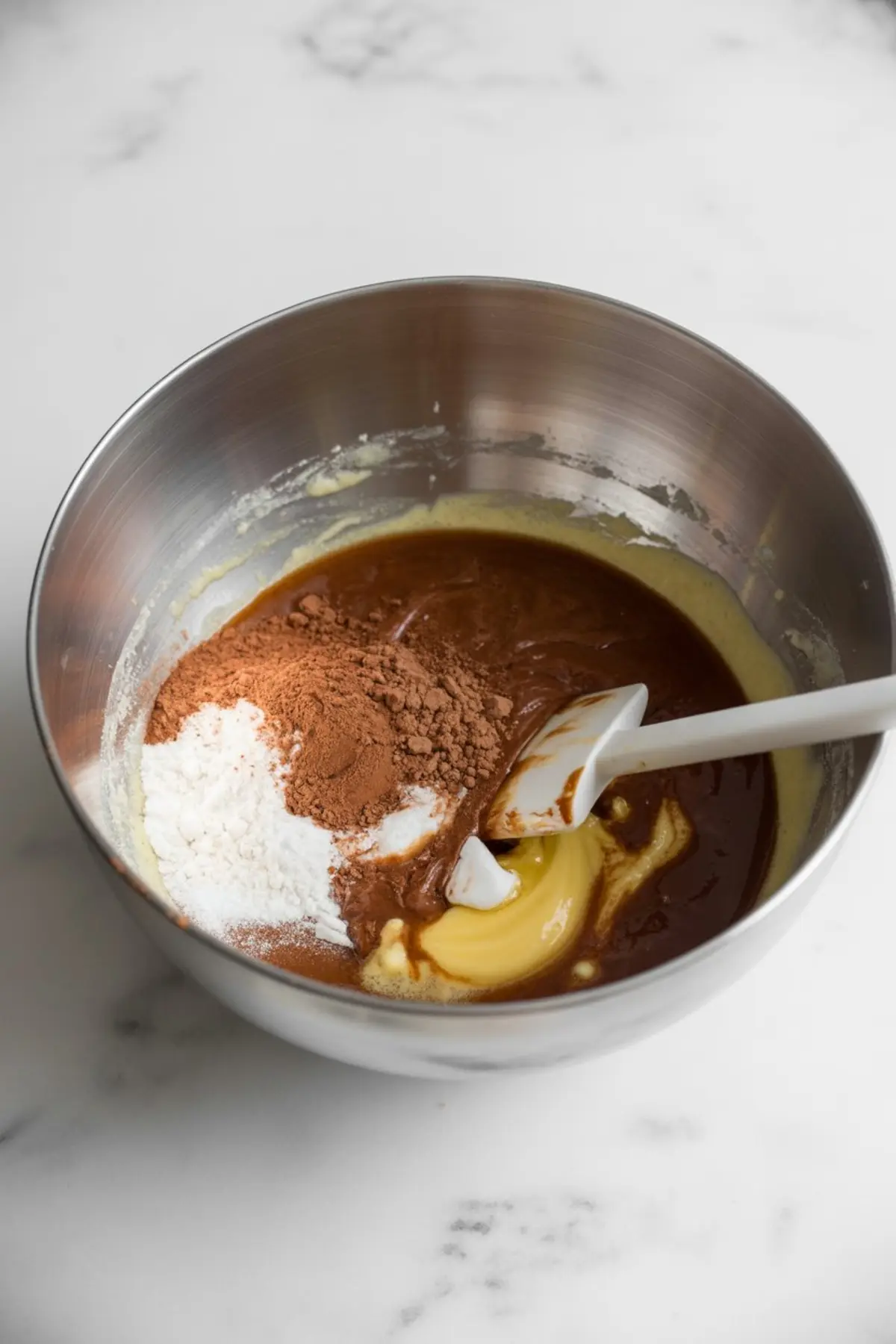 Partially mixed cookie dough with cocoa powder, flour, and eggs visible in a bowl before being fully combined.