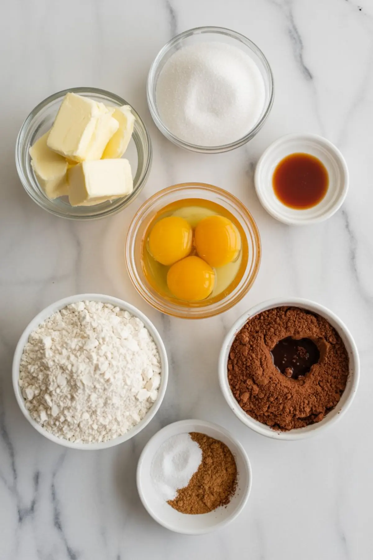 Flat lay of baking ingredients including flour, cocoa powder, eggs, butter, sugar, vanilla extract, cinnamon, and baking soda on a white marble surface.