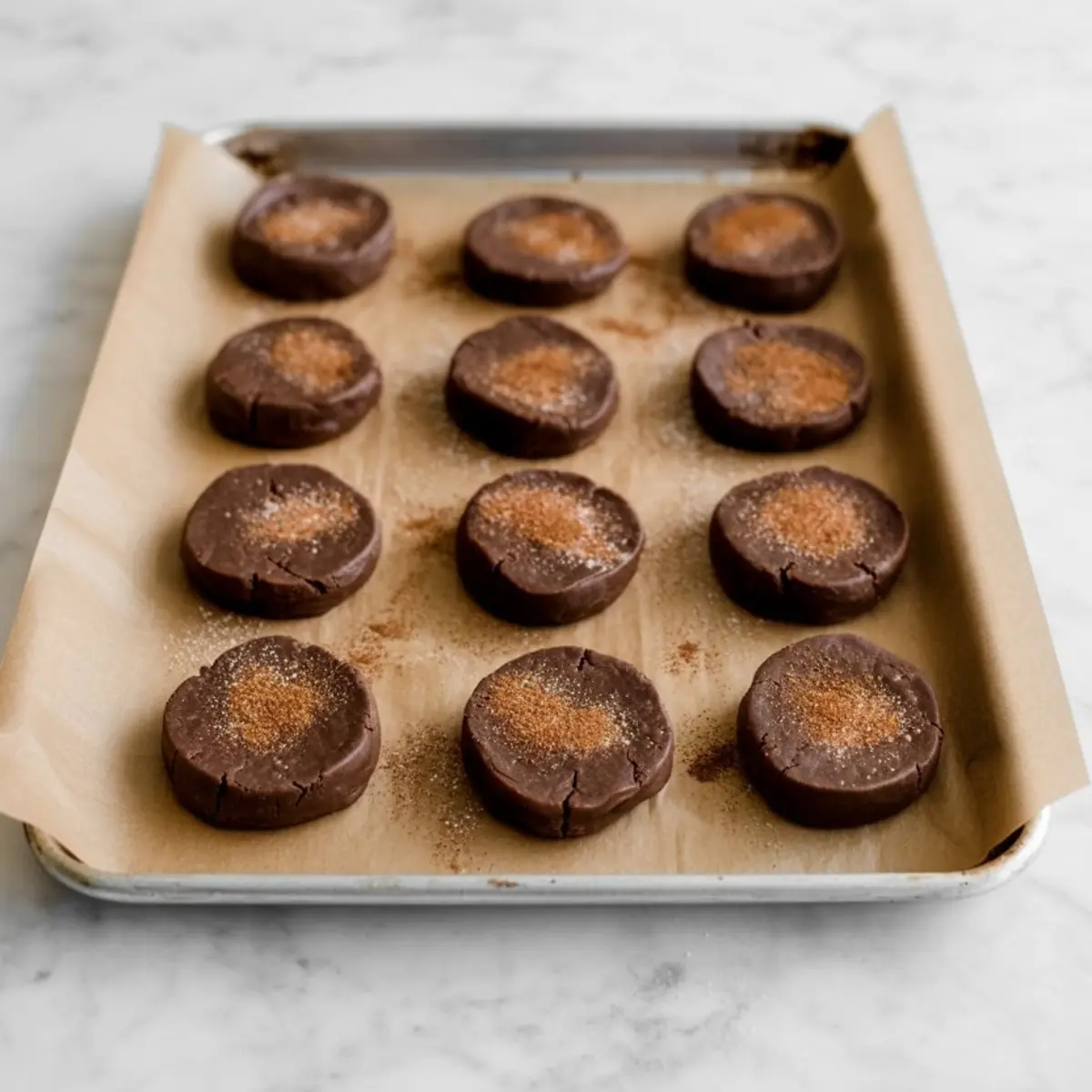 Unbaked Mexican hot chocolate cookie dough rounds arranged on a parchment-lined baking sheet, topped with a dusting of cinnamon sugar.