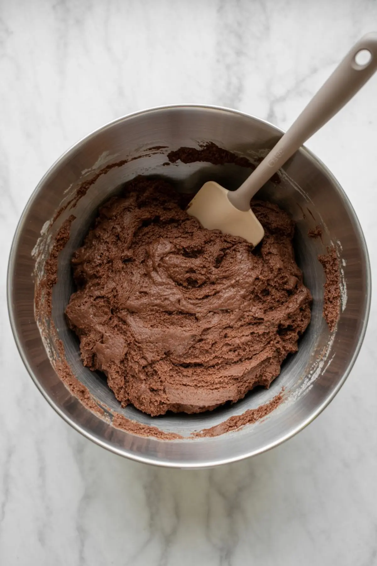 Thick, chocolate cookie dough mixture in a large stainless steel mixing bowl with a spatula, ready for shaping and baking.