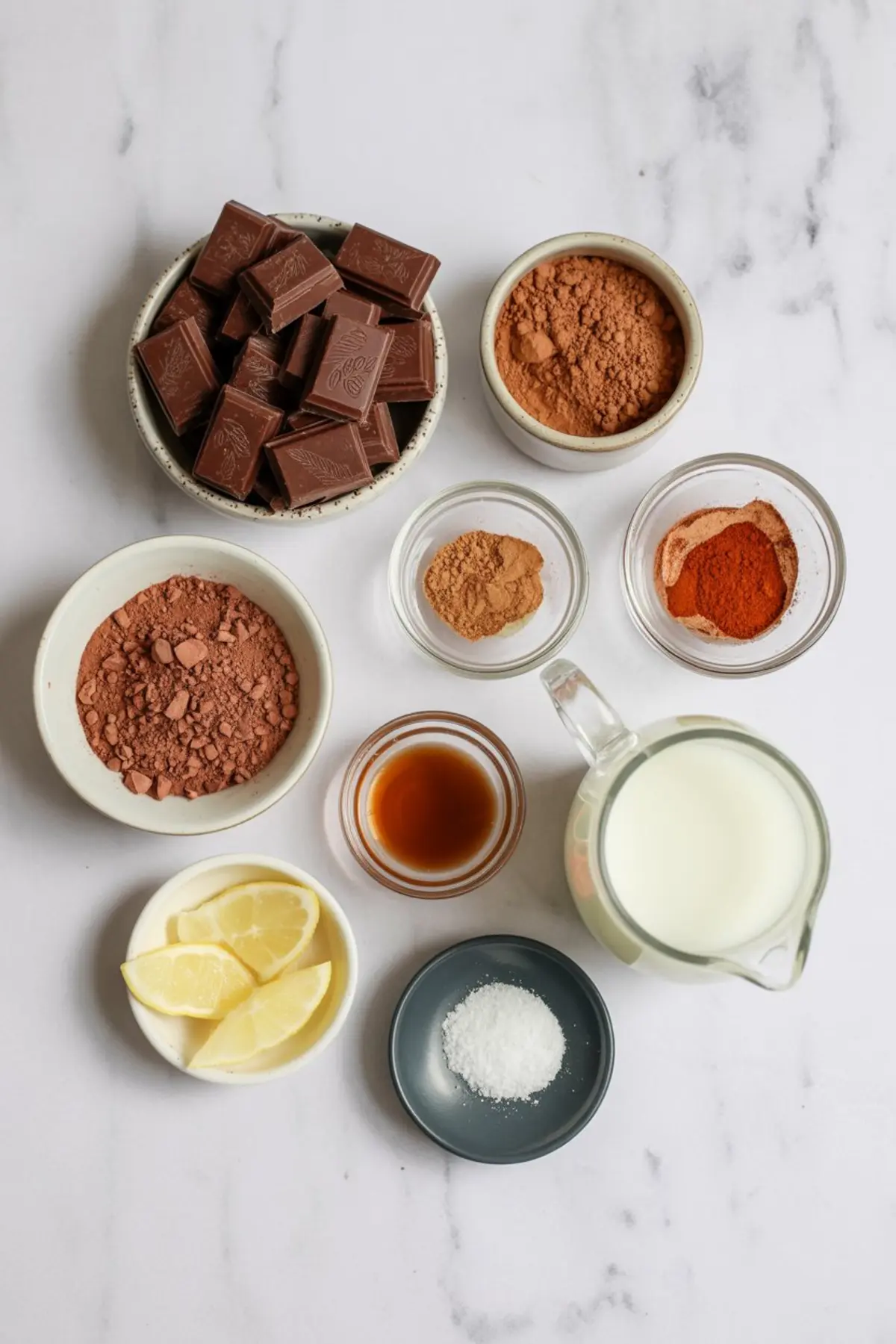 Flat lay of Mexican hot chocolate ingredients including chopped chocolate, cocoa powder, cinnamon, chili powder, vanilla extract, milk, lemon wedges, and sea salt arranged on a white marble surface.
