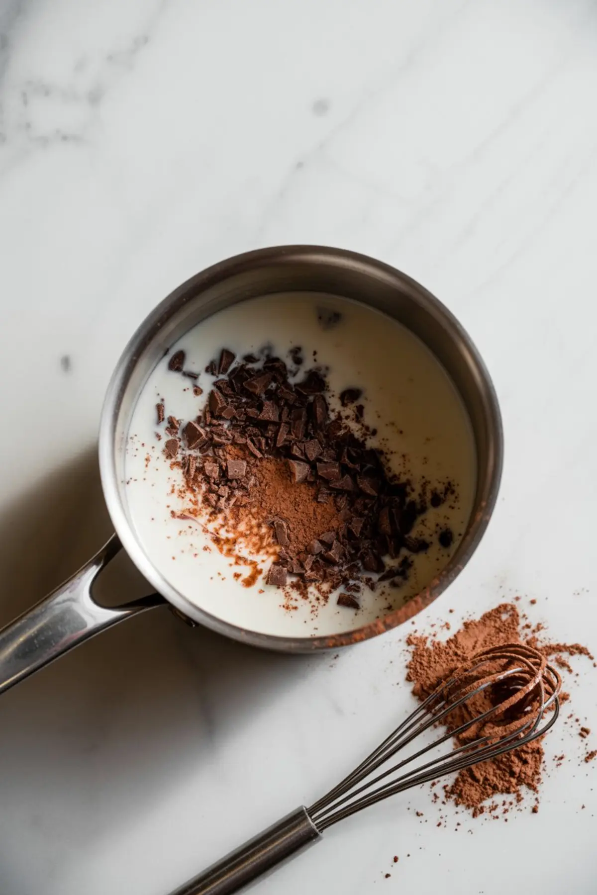 Stainless steel saucepan filled with milk, dark chocolate chunks, and cocoa powder ready to be whisked on a white countertop.
