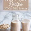 DIY oat milk tutorial setup featuring a bottle and glass of homemade oat milk, with a bowl of raw oats in the background and a recipe title overlay in bold script.