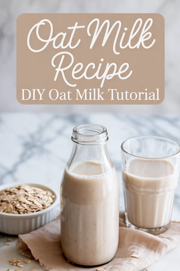 DIY oat milk tutorial setup featuring a bottle and glass of homemade oat milk, with a bowl of raw oats in the background and a recipe title overlay in bold script.