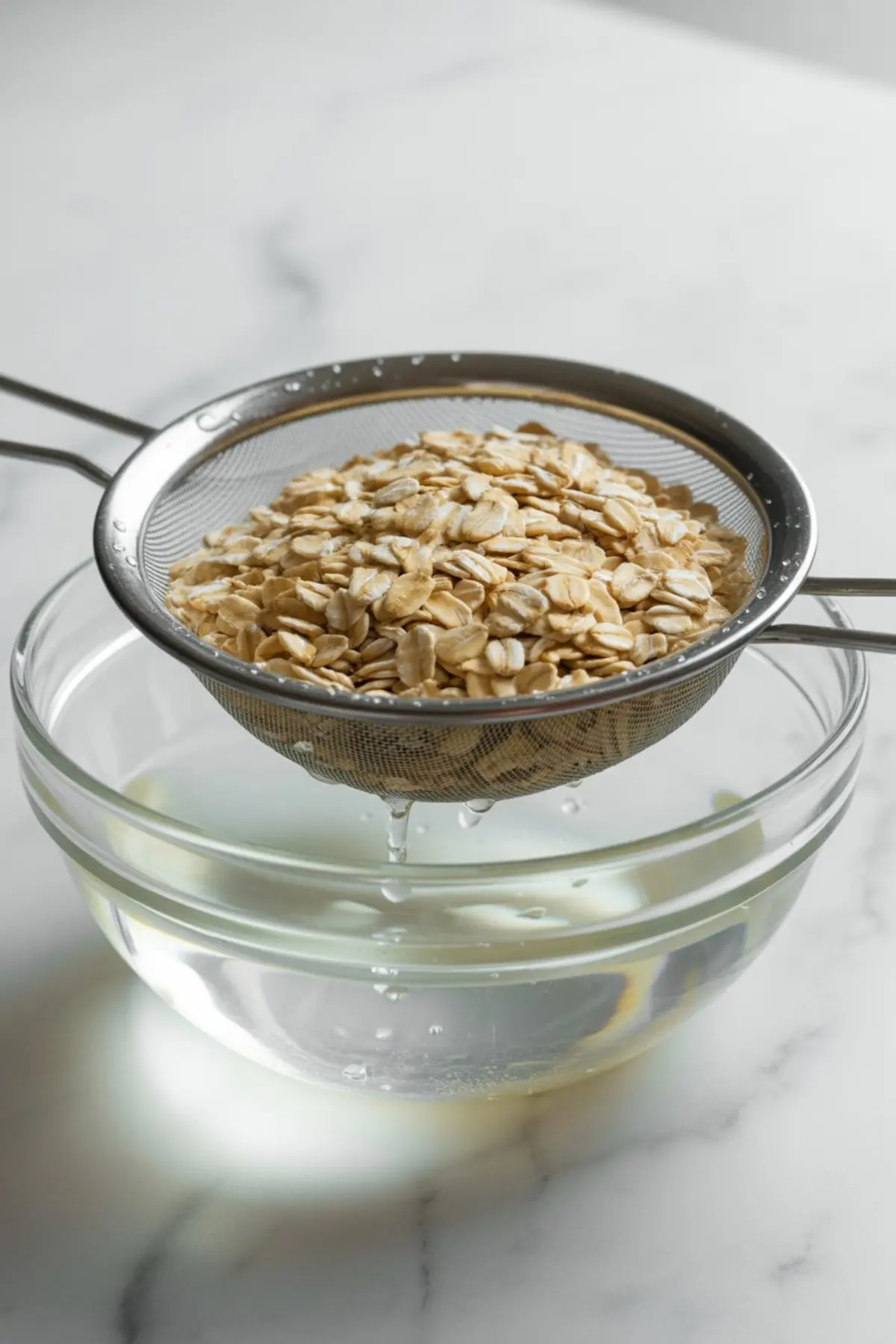 Rolled oats draining in a fine mesh strainer over a glass bowl filled with water, captured during the oat milk preparation process.